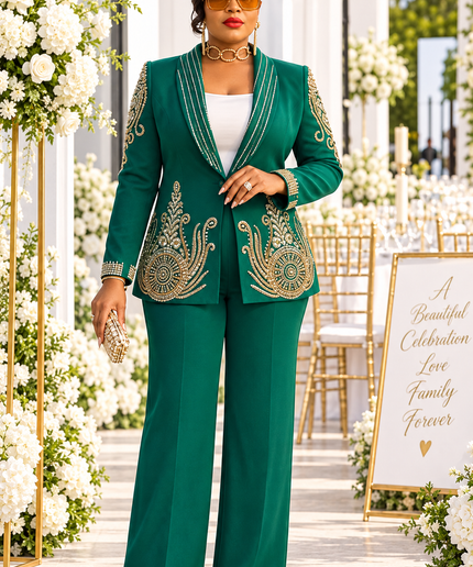 Luxury White Embellished Pant 2-Piece Suit Set Rhinestone Blazer & Wide Leg Trousers Wedding Guest Mother of the Bride Church Anniversary Graduation Special Occasion Outfit