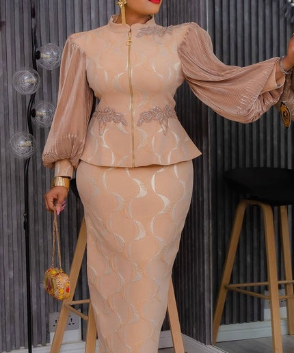 Classy Bishop Sleeve Brocade Appliquè Top & Skirt, 2-Piece Set: Wedding Guest Mother of The Bride Graduation