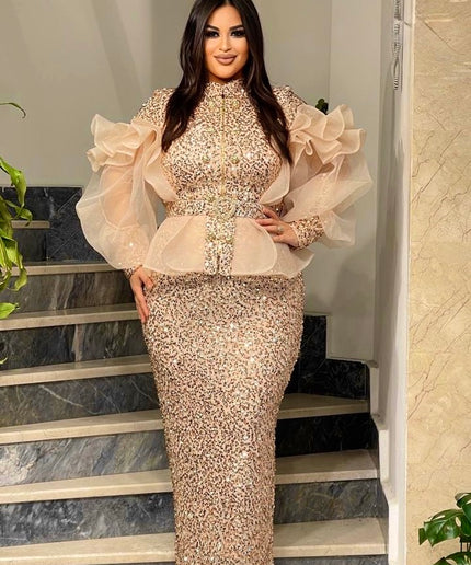Blue Sequin Wedding Guest Dress Ruffles Peplum, Plus Size Mother of The Bride Evening Wear