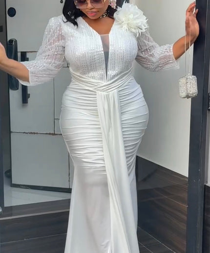 White Embellished Ruched Draped Maxi Dress for Engagement Ceremony Wedding Guest Anniversary Dinner Cocktail Photoshoot