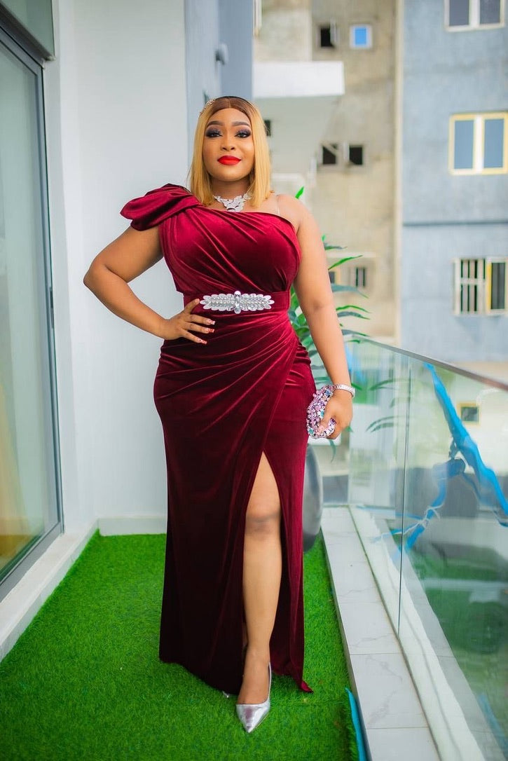 Burgundy One-Shoulder Gown FASHIONISKO Burgundy One-Shoulder Gown FASHIONISKO
