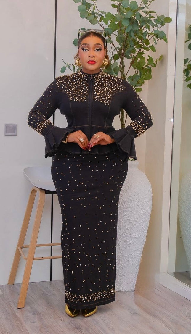 Luxury Denim & Diamonds 2-Piece Set, Matching Curvy Stretch Jeans Rhinestone Peplum Top & Skirt - Birthday Party Outfit Concert Ladies Night Casual Wear