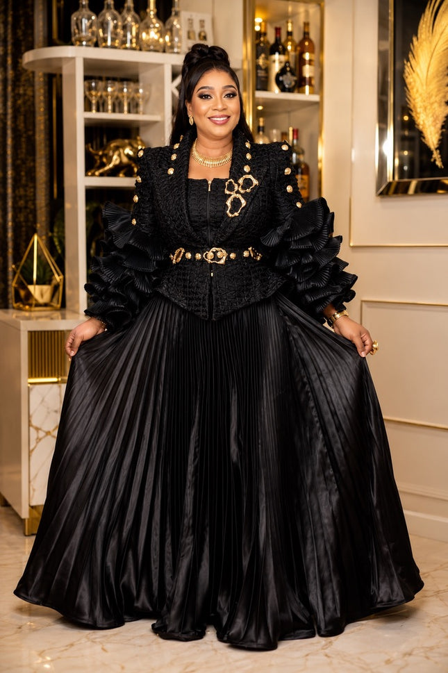 Center of Attention Black & Gold Embellished Ruffle Sleeve Pleated A-Line Maxi Skirt Set