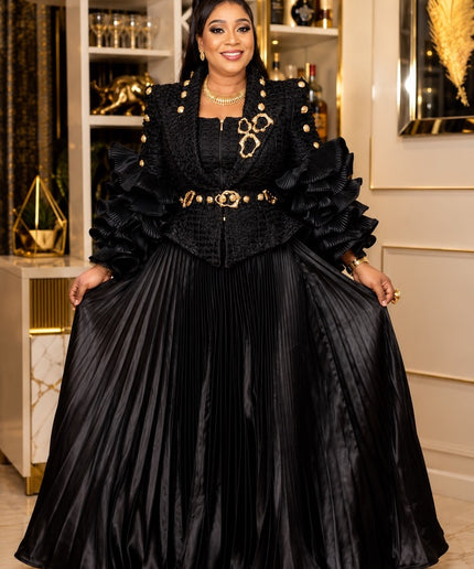 Center of Attention Black & Gold Embellished Ruffle Sleeve Pleated A-Line Maxi Skirt Set