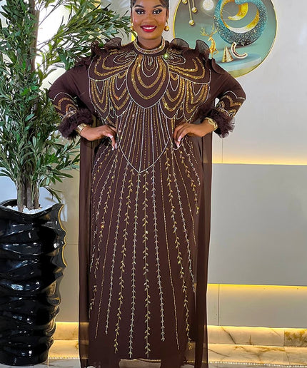 Sparkly Purple Rhinestone Ruffle Sleeve Kaftan African Bubu Gown for Wedding Engagement Naming Ceremony Birthday Party Dress