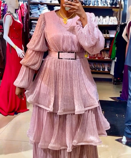 Waterfall Ruffle Bishop Sleeves Maxi Dress,  Mother of The Bride A-Line Gold Gown, Plus Size Evening Wear Gala Cocktail Party