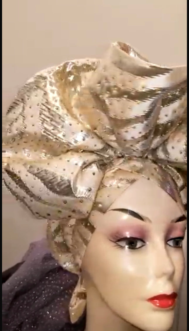 Gold Auto Gele, Pre-tied African Headtie, Ready To Wear Gele Headwrap
