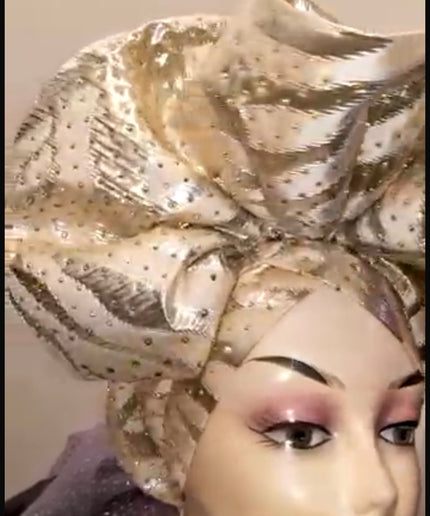 Gold Auto Gele, Pre-tied African Headtie, Ready To Wear Gele Headwrap