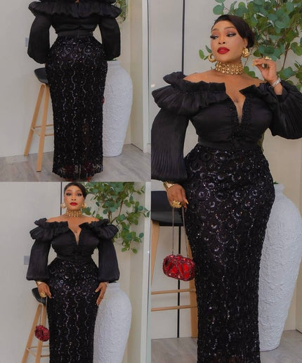 Off-The-Shoulder Sequin Bishop Sleeve Party Dress: Wedding Birthday Cocktail Gala