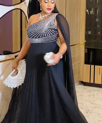One Shoulder Mother of The Bride A-Line Gown, Elegant Wedding Guest Dress Long Maxi Pleated, Cocktail Reception Evening Wear
