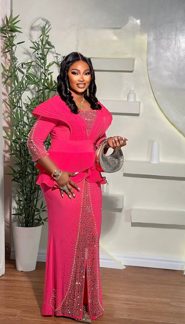 Pink Rhinestone Embellished Peplum Maxi Dress - Mother of The Bride Birthday Photoshoot Party Cocktail Reception