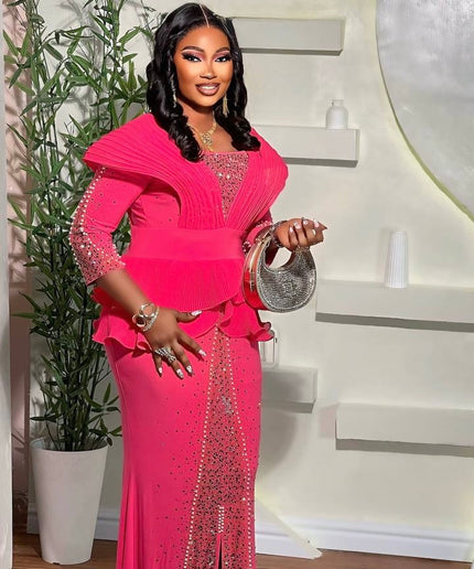Red Rhinestone Embellished Peplum Maxi Dress - Mother of The Bride Birthday Party Guest Cocktail Dinner