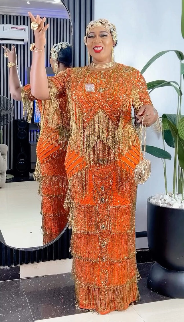 Metallic Gold Fringe Crystal Beaded Maxi Dress | Bridal Evening Gown Wedding Guest Birthday Party Mother of The Bride Graduation