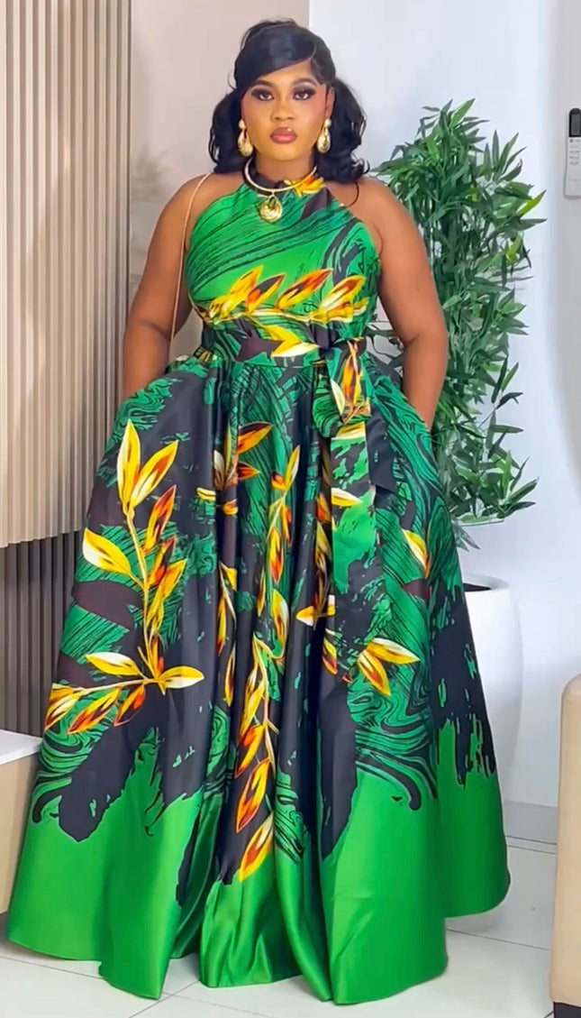 Dramatic Orange Floral Halter Neck Twirl Skater Maxi Dress with Pockets Wedding Guest Cocktail Gala Birthday Photoshoot Party Outfit