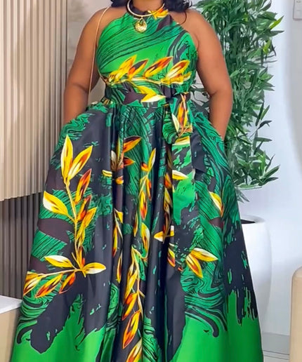 Dramatic Brown Floral Halter Neck Twirl Dress for Party Wedding Guest Cocktail Reception Gala Birthday Dinner Bridal Photoshoot Outfit