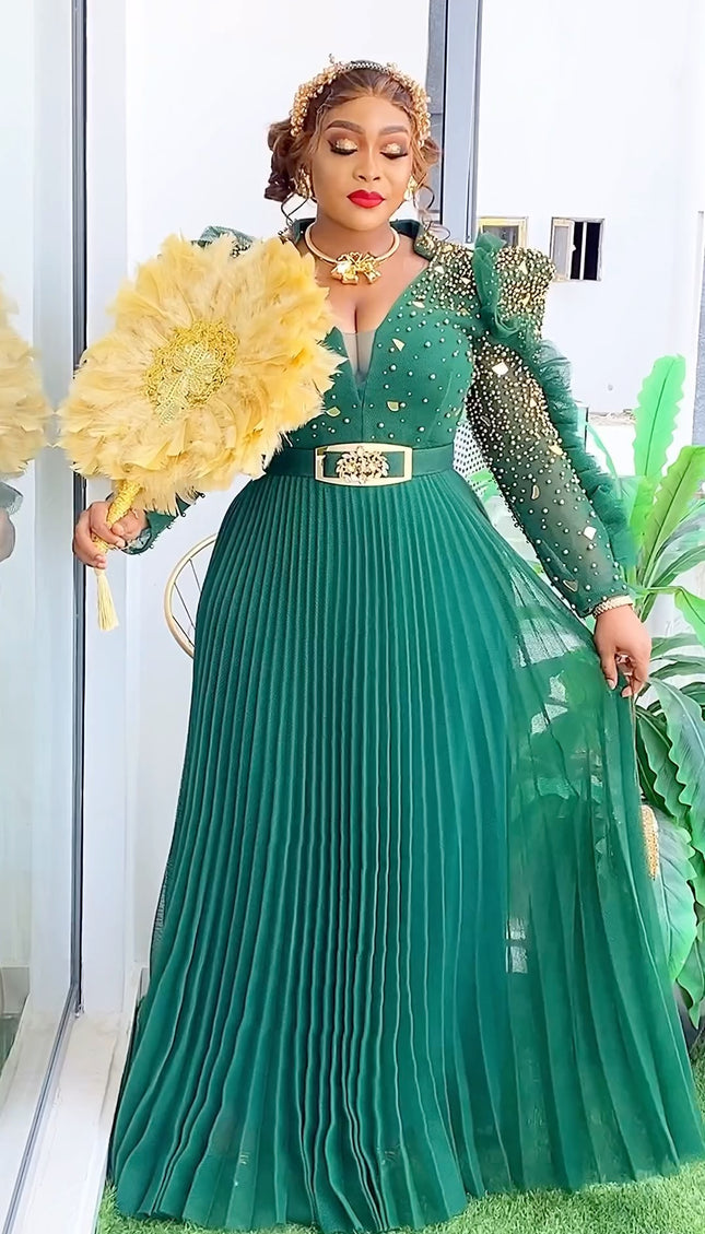 Embellished Pleated A-Line Evening Gown | Wedding Guest Party