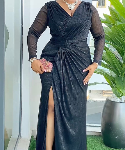 Gold Long Sleeve Sexy Side Slit Evening Gown | Wedding Guest Mother of The Bride Birthday Party