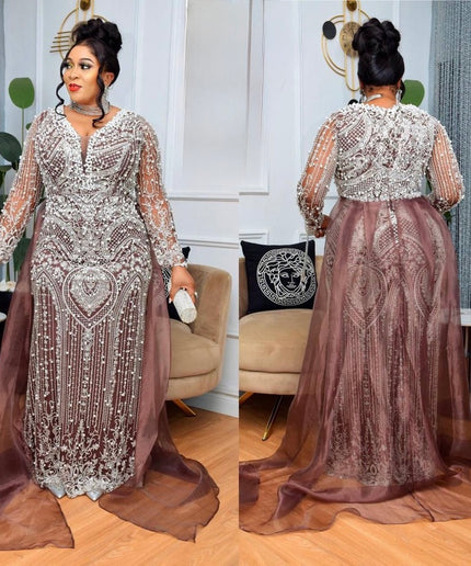 Plus Size Embellished Mother of The Bride Mermaid Gown Overskirt, Beaded Wedding Guest Dress Floor Length Maxi, Birthday Dinner Reception Gala Dress