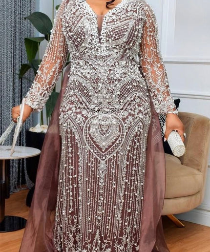 Plus Size Embellished Mother of The Bride Mermaid Gown Overskirt, Beaded Wedding Guest Dress Floor Length Maxi, Birthday Dinner Reception Gala Dress