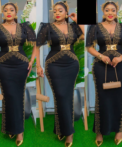 Fringe Beaded Cap Sleeve Embellished Maxi Dress