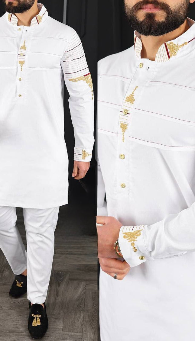 White Embroidered Mandarin Collar Shirt & Pants Men's 2-Piece Set, African Wedding Guest Groom Engagement Ceremony Graduation Birthday Party Outfit