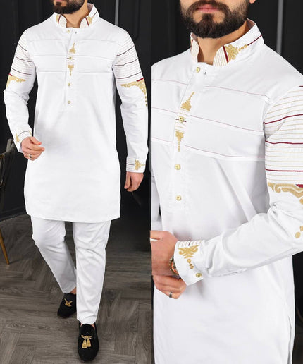 Black Embroidered Mandarin Collar Shirt & Pants Men's 2-Piece Set, Wedding Guest Outfit Groom Groomsmen Graduation Birthday Party