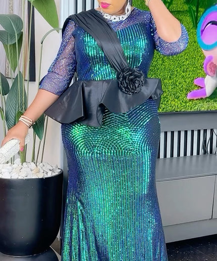 Sequin Peplum Wedding Guest Dress, Plus Size Mother of The Bride Mermaid Gown, Graduation Anniversary Birthday Party