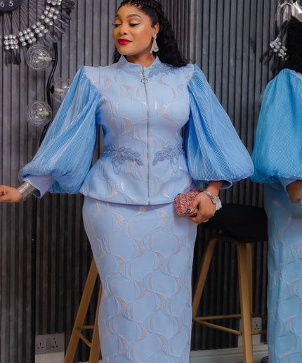 Classy Bishop Sleeve Brocade Appliquè Top & Skirt, 2-Piece Set: Wedding Guest Mother of The Bride Graduation