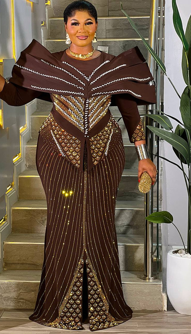 Dramatic Blue Rhinestone Structured Shoulder Maxi Dress Wedding Guest Birthday Party Cocktail Church Gala Anniversary Mother of The Bride Outfit