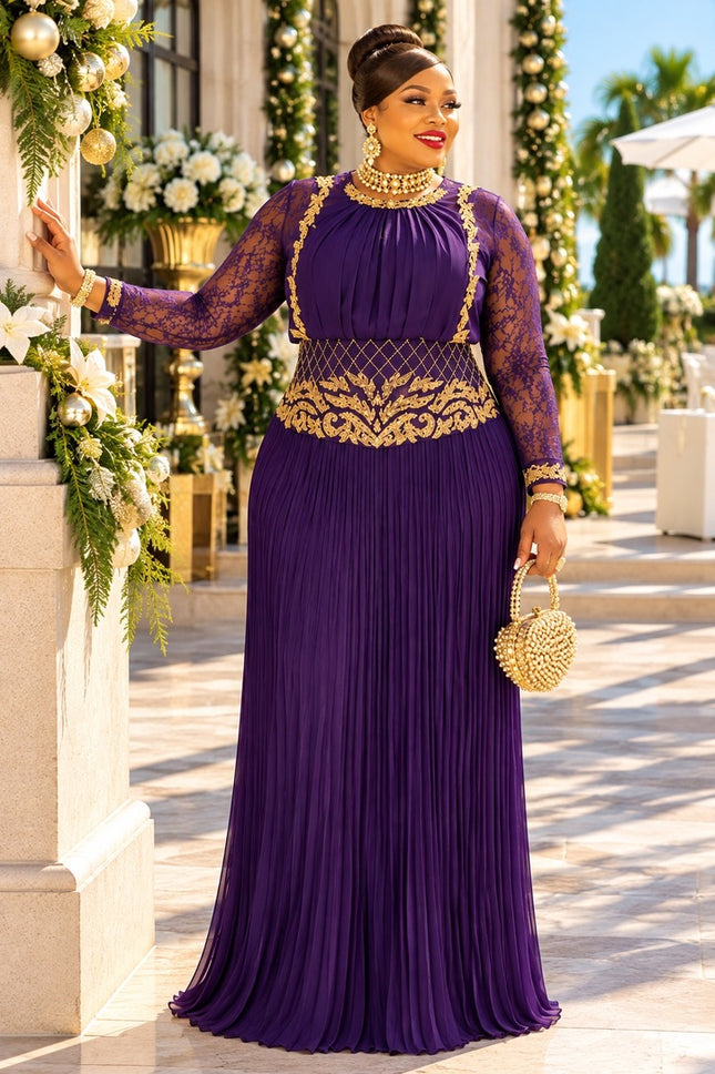 Red Lace and Pleated Maxi Dress with Gold Embroidery Accent for Holiday Cocktail Reception Wedding Guest Birthday Party Outfit