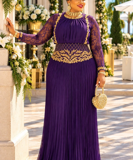 Red Lace and Pleated Maxi Dress with Gold Embroidery Accent for Holiday Cocktail Reception Wedding Guest Birthday Party Outfit