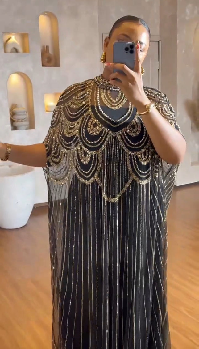 Embellished Kaftan Dress, Black Beaded Wedding Guest Dress, Plus Mother of The Bride A-Line Maxi Gown Long Floor Length