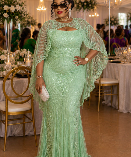 Brown Beaded Embellished Off-The-Shoulder Cape Mermaid Dress for Party Cocktail Wedding Guest Birthday Photoshoot Mother of The Bride Gala