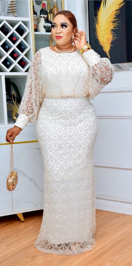 White Beaded Mother of The Bride Mermaid Gown, Embellished Wedding Guest Dress Floor Length Maxi, anniversary