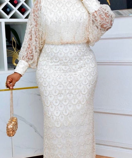 White Beaded Mother of The Bride Mermaid Gown, Embellished Wedding Guest Dress Floor Length Maxi, anniversary