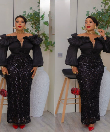 Off-The-Shoulder Sequin Bishop Sleeve Party Dress: Wedding Birthday Cocktail Gala
