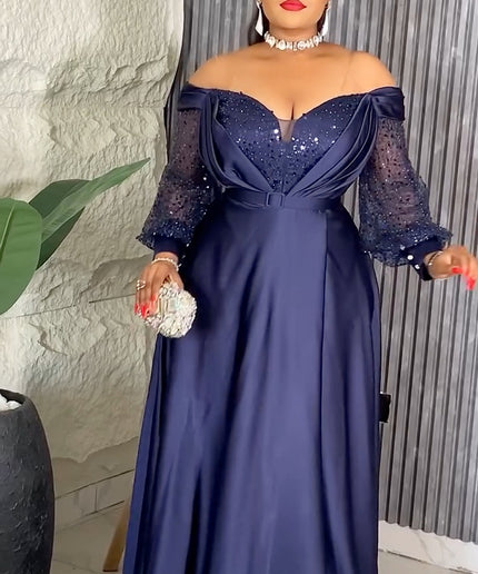 Off-The-Shoulder Sequin A-Line Gown | Party Birthday Bridal Graduation Mother of The Bride Wedding Guest