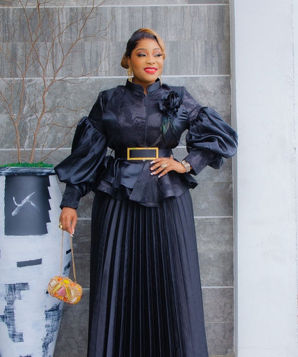 Green Brocade 3D Flower Peplum Top & Pleated A-Line Skirt 2-Piece Outfit Set for Mother of The Bride Wedding Guest Gala Birthday Photoshoot