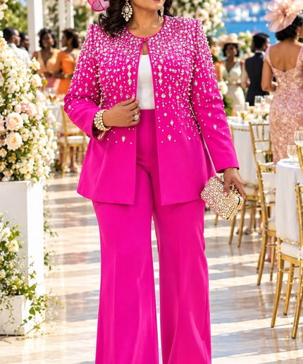 Classy White Rhinestone Embellished Suit 3-Piece Wide-Leg Pant Set, Jacket Pants Camisole: Formal Wedding Guest Holiday Cocktail Party Church Reception Anniversary Mother of The Bride