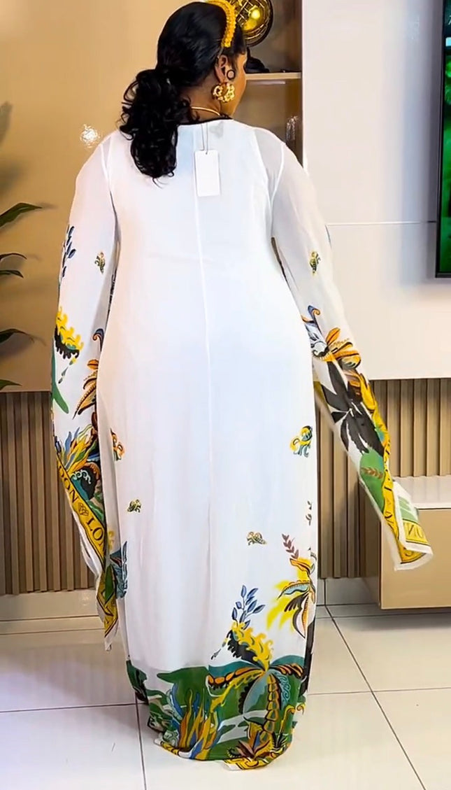 White Crystal-Embellished Bell Sleeve Kaftan Maxi Dress for Party Cocktail Mother of The Bride Wedding Guest Graduation Outfit