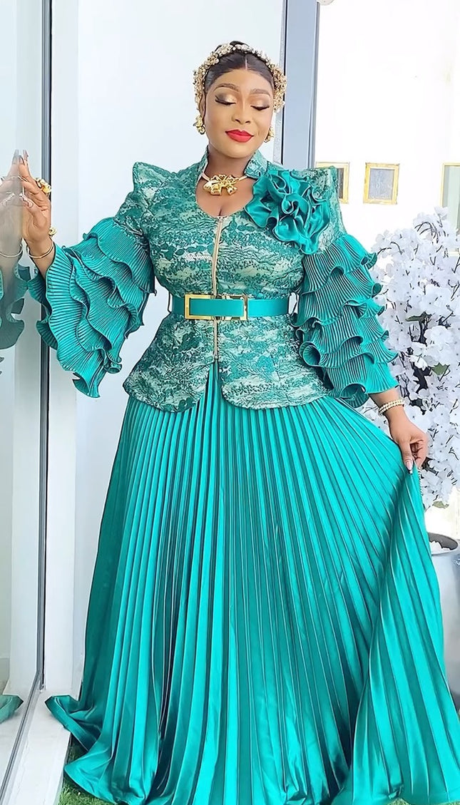 Ruffle Sleeve Pleated A-Line Gown | Mother of The Bride Wedding Guest Birthday Party