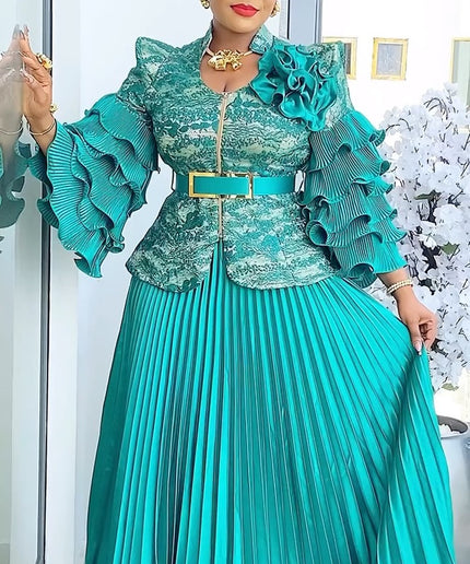 Ruffle Sleeve Pleated A-Line Gown | Mother of The Bride Wedding Guest Birthday Party