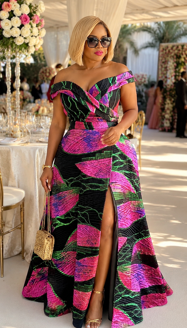 Luxury Pink Off-The-Shoulder Brocade Twirl Thigh Split Maxi Dress for Wedding Cocktail Party Bridal Photoshoot Mother of The Bride Birthday Dinner