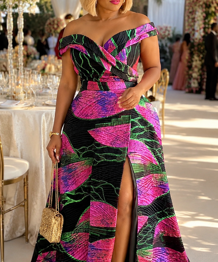 Luxury Pink Off-The-Shoulder Brocade Twirl Thigh Split Maxi Dress for Wedding Cocktail Party Bridal Photoshoot Mother of The Bride Birthday Dinner
