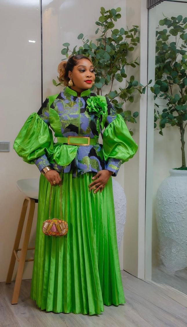 Green Brocade 3D Flower Peplum Top & Pleated A-Line Skirt 2-Piece Outfit Set for Mother of The Bride Wedding Guest Gala Birthday Photoshoot