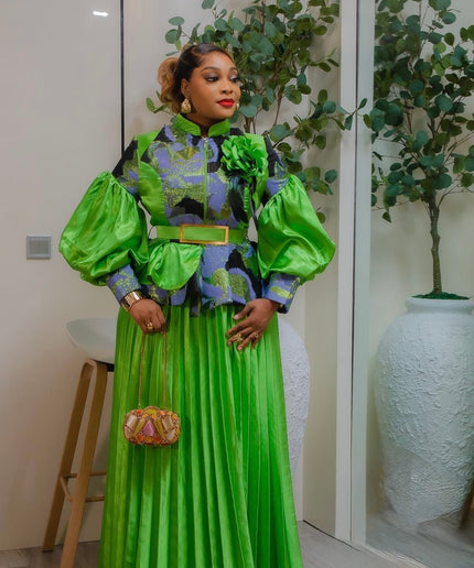 Green Brocade 3D Flower Peplum Top & Pleated A-Line Skirt 2-Piece Outfit Set for Mother of The Bride Wedding Guest Gala Birthday Photoshoot