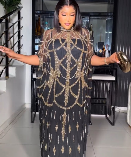 Gold Embellished Kaftan Dress, Nigerian Wedding Guest Dress Beaded African Bubu Mother of The Bride Outfit, One Size