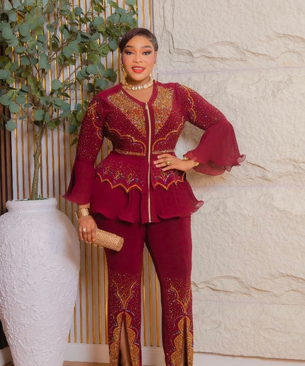 White Rhinestone Embellished Ruffle Peplum Bell Sleeve Split Pants, 2-Piece Party Outfit, Cocktail Dinner Birthday Party Reception Church Gala Anniversary