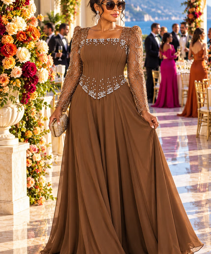 "Ready For The Spotlight" Beige Crystal-Embellished Mother of The Bride A-Line Dress Wedding Guest Celebrant Birthday Holiday Cocktail Reception Party Floor-Length Formal Evening Gown Plus Size