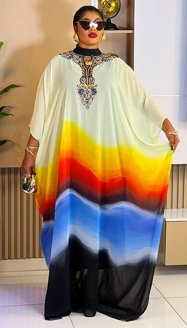 Yellow Bead-Embellished Neckline Kaftan Maxi Dress African Boubou Wedding Guest Attire Mother of The Groom Party Outfit